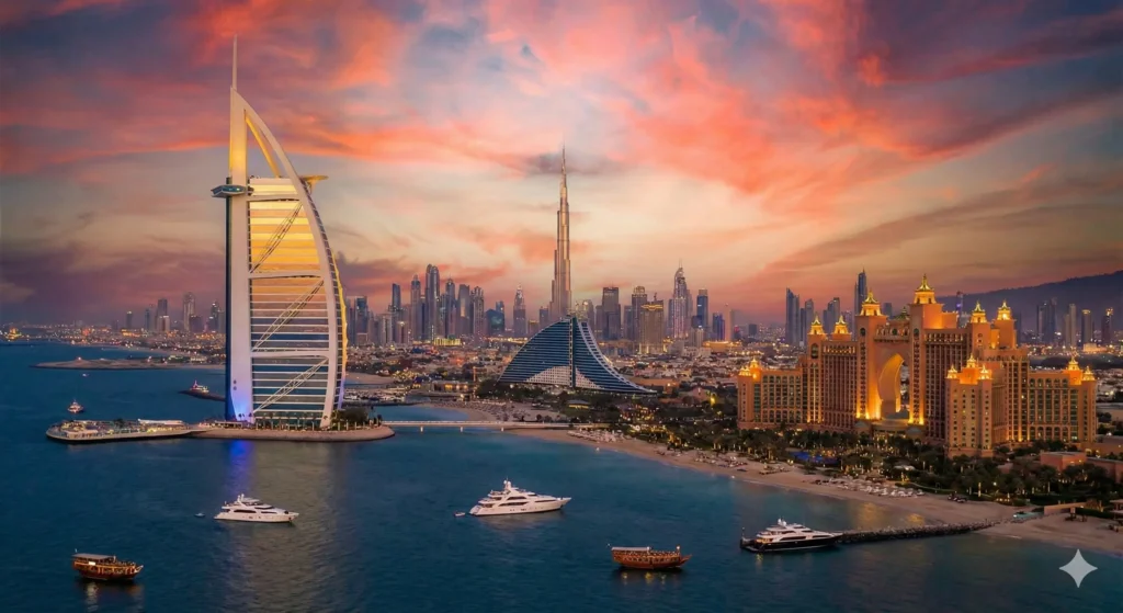 Iconic luxury hotel Burj Al Arab view in Dubai at sunset